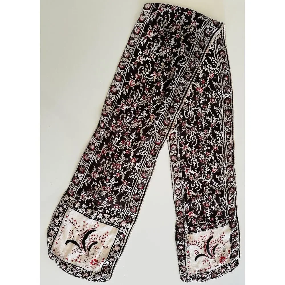 Vtg India 100% Silk Paisley and Floral Long Scarf Cream Black Red Elegant Glam